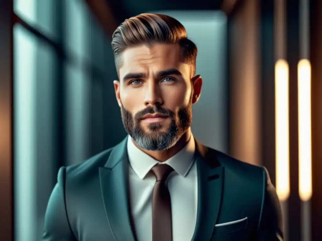 Modelo masculino moderno con corte de pelo y barba perfectamente cuidados