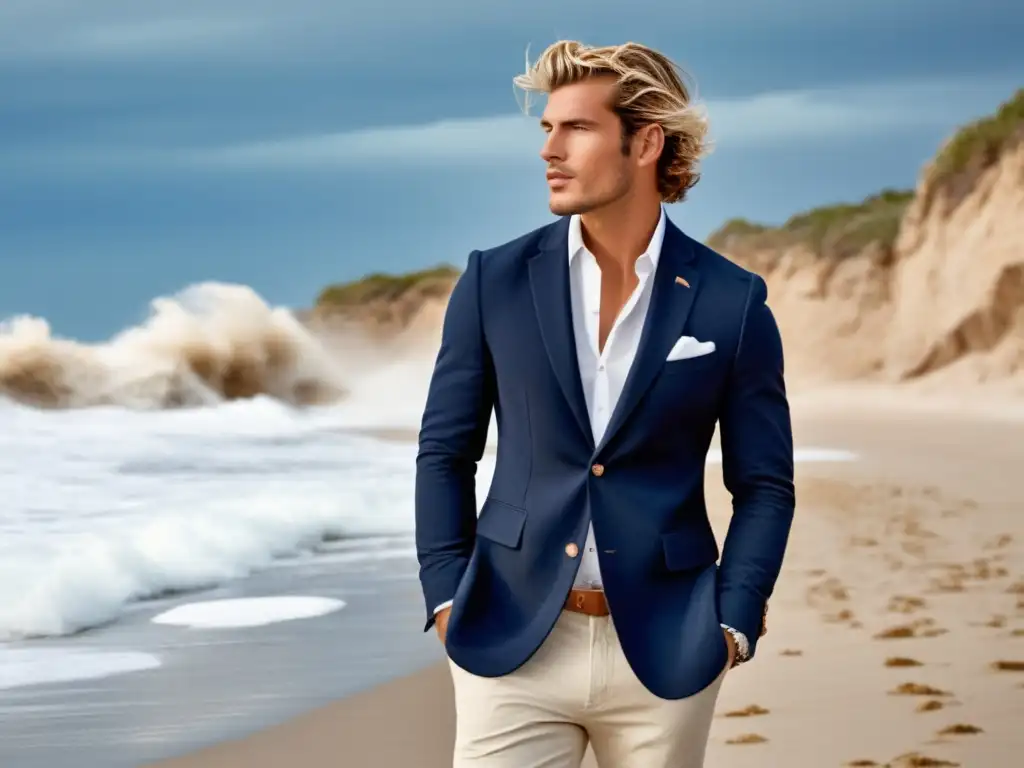 Modelo masculino moderno y elegante en una playa con olas, vistiendo blazer azul, camisa blanca, chinos y botas de ante