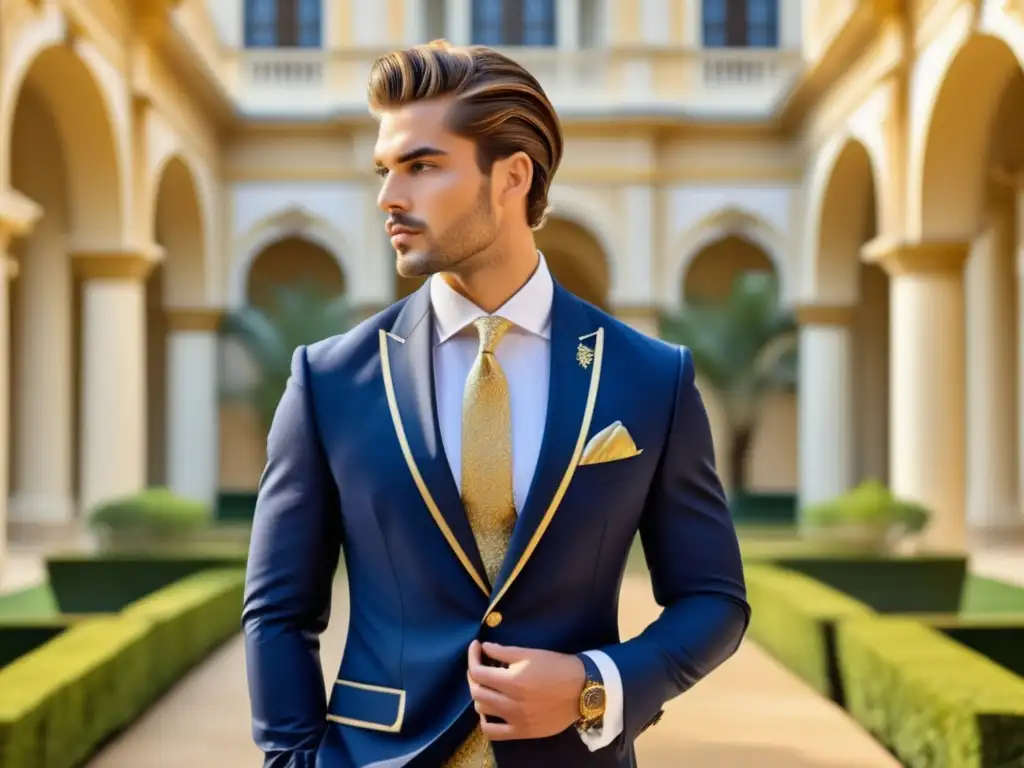 Modelo masculino en traje azul real moderno, destacando la elegancia de la moda masculina de la realeza