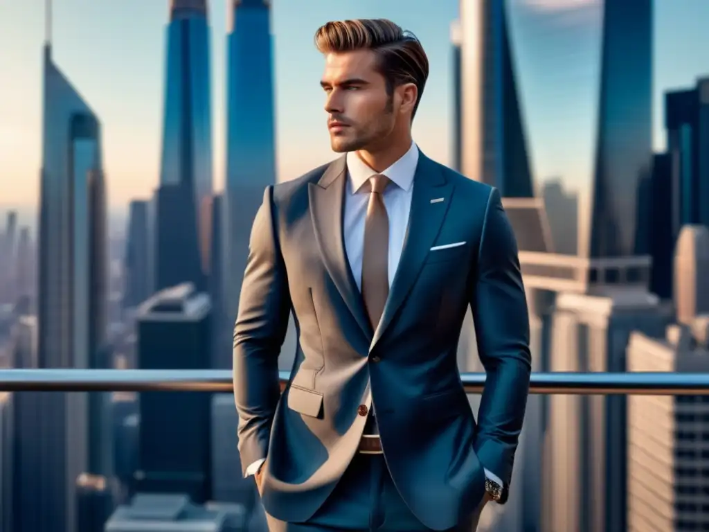 Posicionamiento en moda masculina efectivo: modelo elegante en moderno traje, confiado en entorno urbano sofisticado