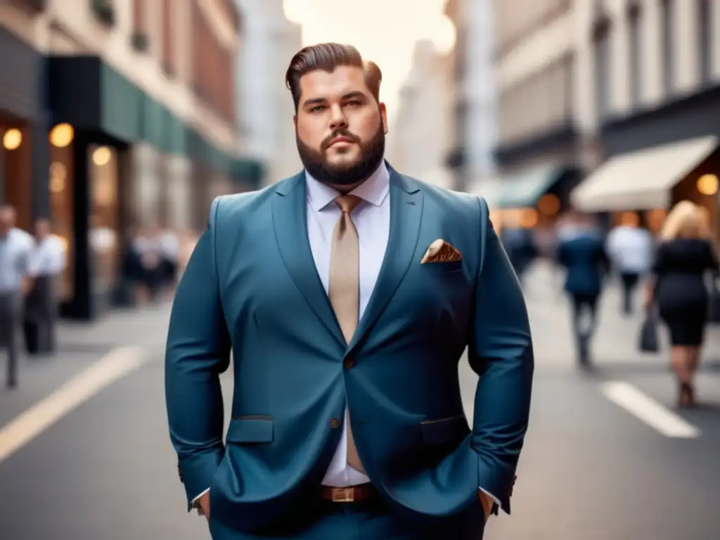 Modelo masculino plus size en traje elegante en una ciudad moderna