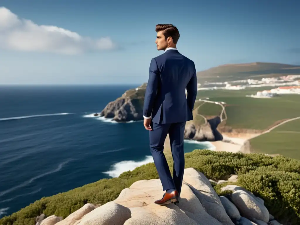 Modelo portugués elegante en acantilado, traje azul marino y camisa blanca, estilo marítimo moda masculina Portugal