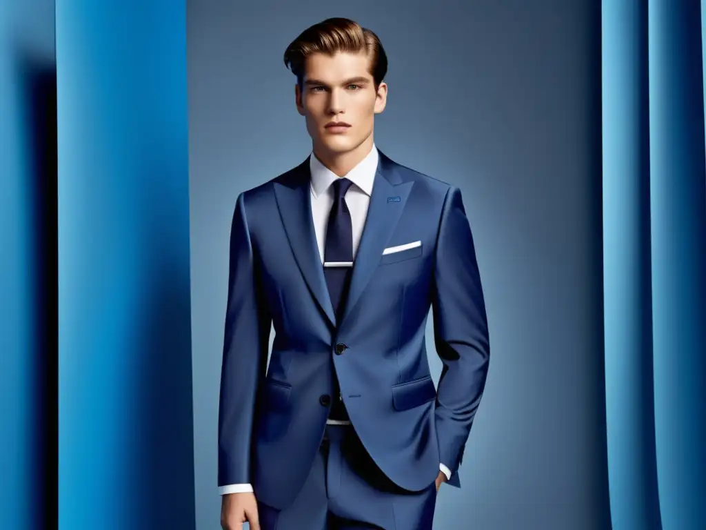 Tendencias moda masculina Prada: modelo masculino viste traje azul Prada, moderno y elegante, resalta la importancia de la moda masculina