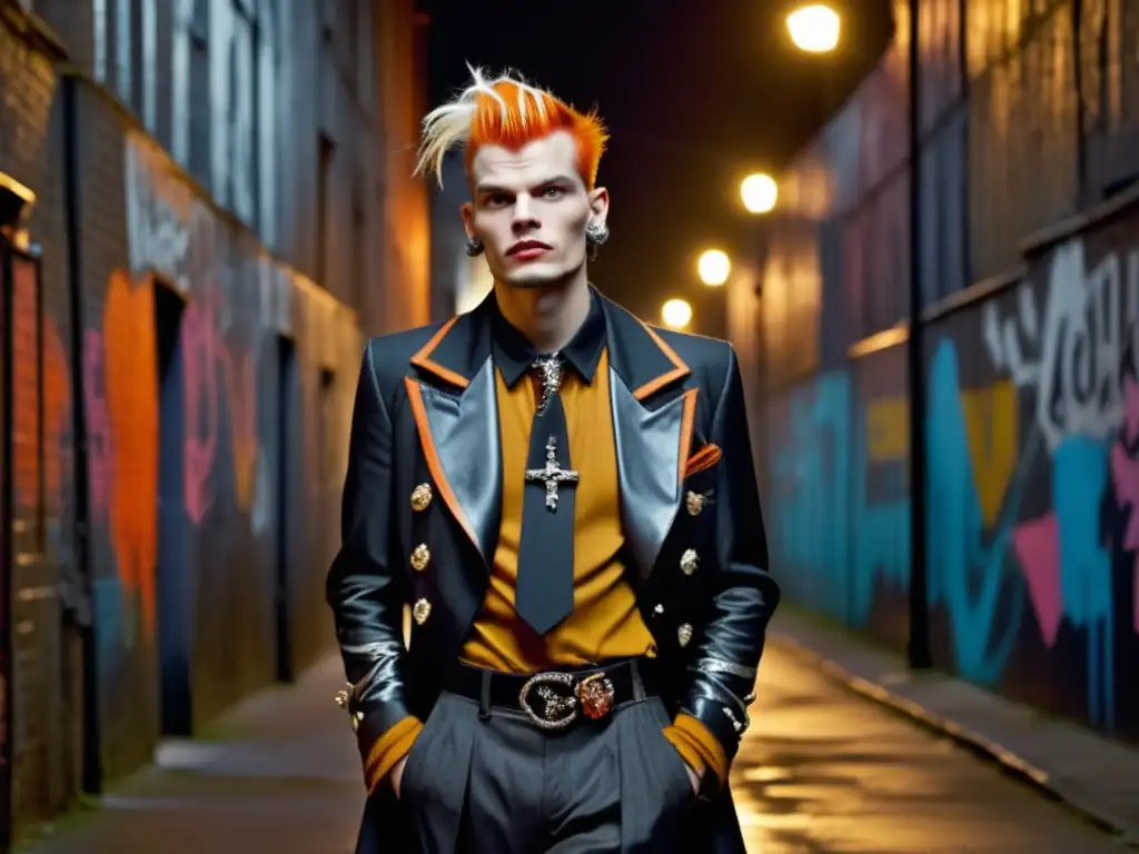 Tendencias moda masculina punk Vivienne Westwood: modelo punk con atuendo rebelde, fondo urbano y estética impactante