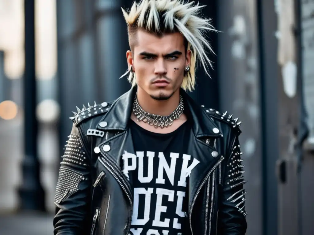 Hombre punk con ropa desgarrada y accesorios, tendencias moda masculina estilo punk