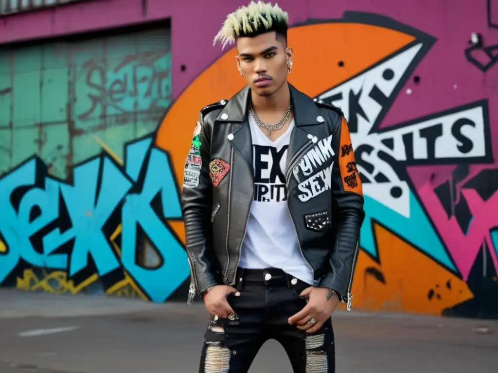 Tendencias moda masculina estilo punk con modelo vestido con atuendo punk contemporáneo en entorno urbano graffiti