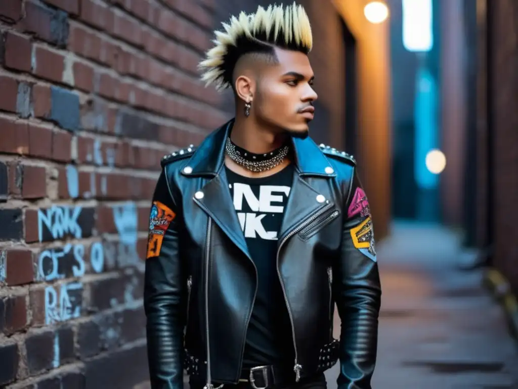 Tendencias moda masculina estilo punk: modelo masculino con estilo punk en callejón, con chupa de cuero, jeans rasgados y cabello de colores vibrantes