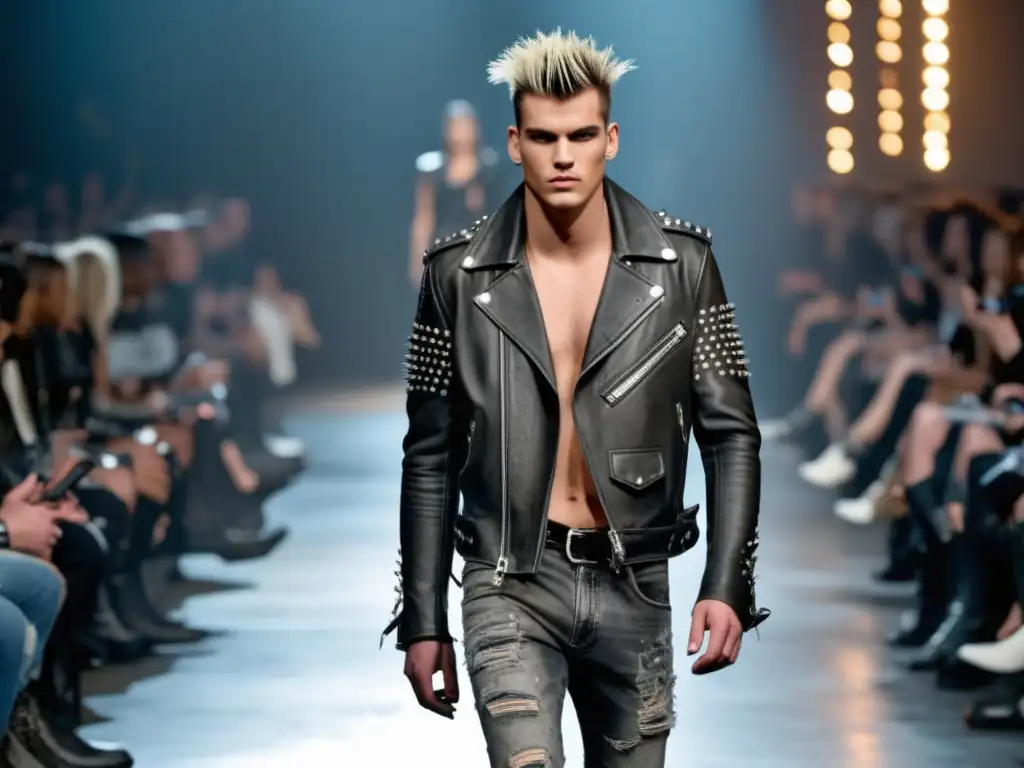 Modelo masculino en pasarela de moda punk, tendencias masculinas estilo punk