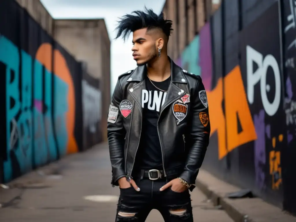 Tendencias moda masculina estilo punk: modelo masculino con atuendo punk, fondo urbano con grafitis, iluminación tenue, cabello mohawk colorido