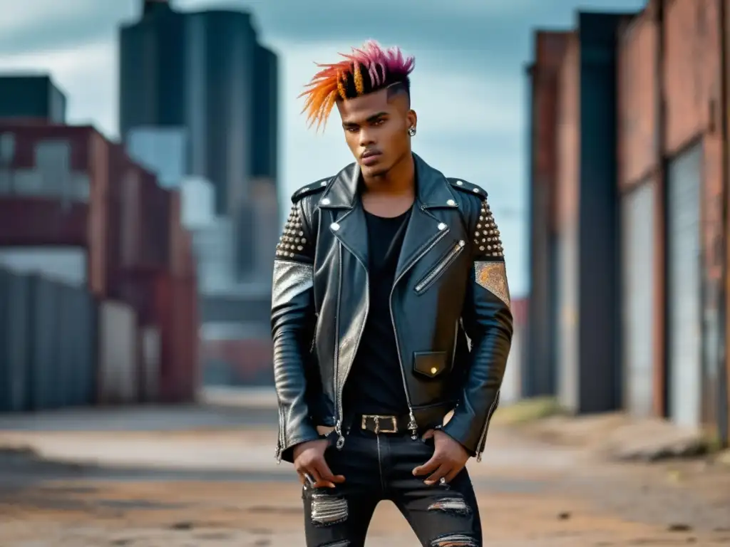 Modelo masculino con estilo punk moderno en ambiente urbano, fusionando tendencias punk de los 80 en moda