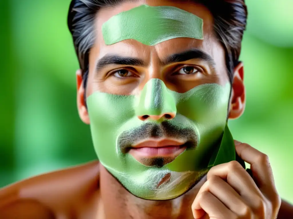 Tratamiento natural para piel cansada en hombres, modelo masculino con piel rejuvenecida aplicando mascarilla revitalizante en baño minimalista