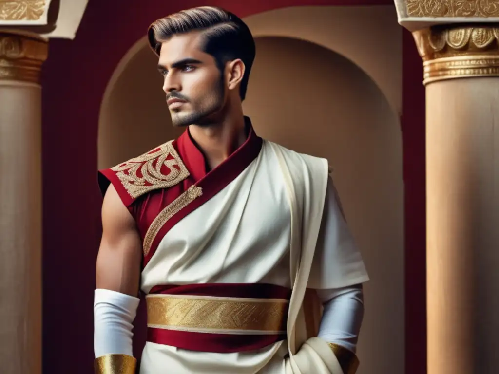 Tendencias moda masculina influencia romana: modelo masculino moderno con atuendo romano inspirado en fusión de moda antigua y contemporánea