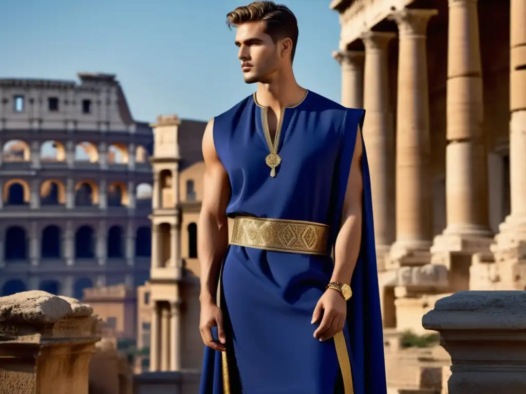 Tendencias moda masculina influencia romana: modelo masculino en atuendo romano contemporáneo, destacando en ruinas arquitectónicas