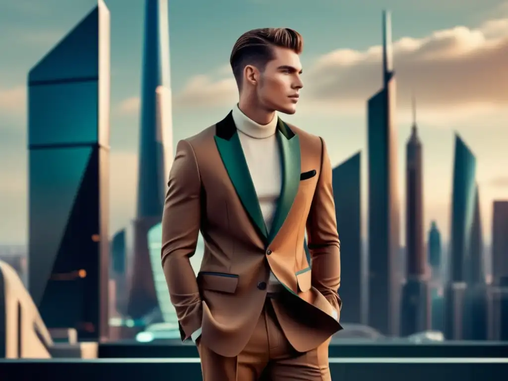 Modelo masculino en una ciudad futurista, estilo y tendencias en moda masculina