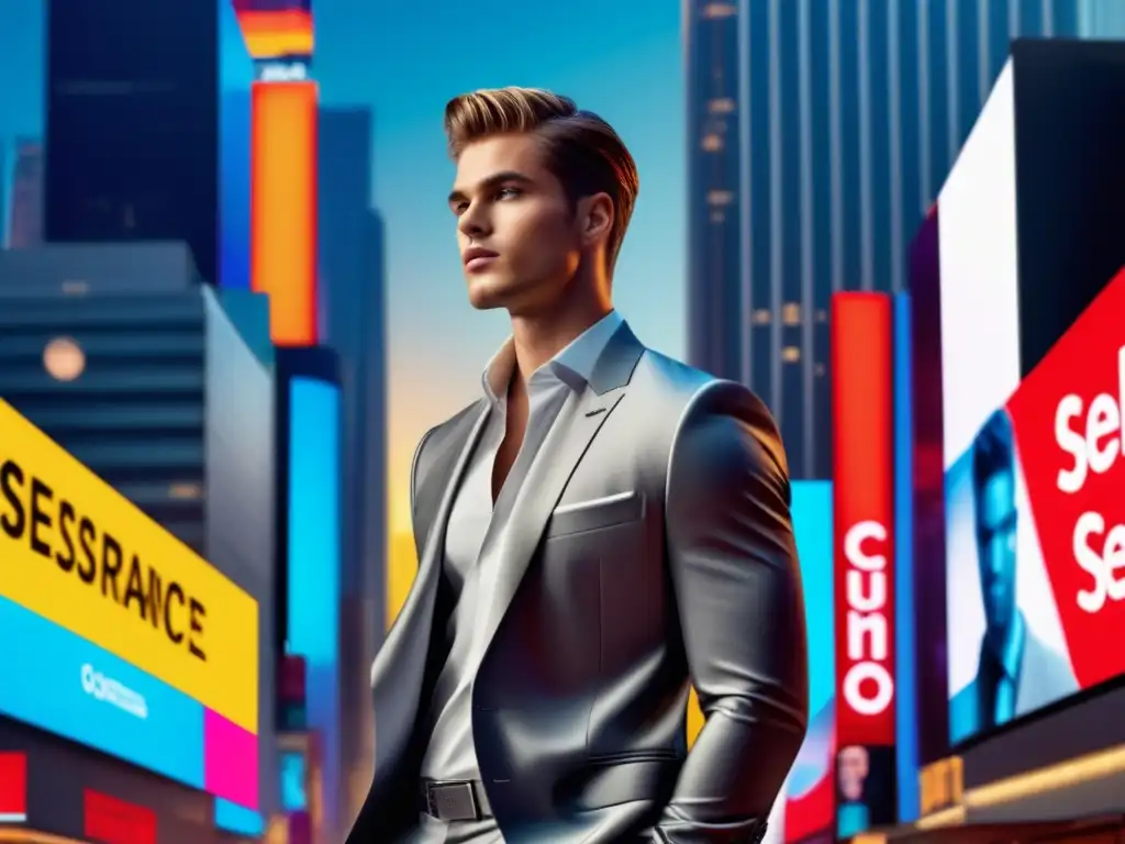 Influencia publicidad: moda masculina confiada en ciudad luminosa