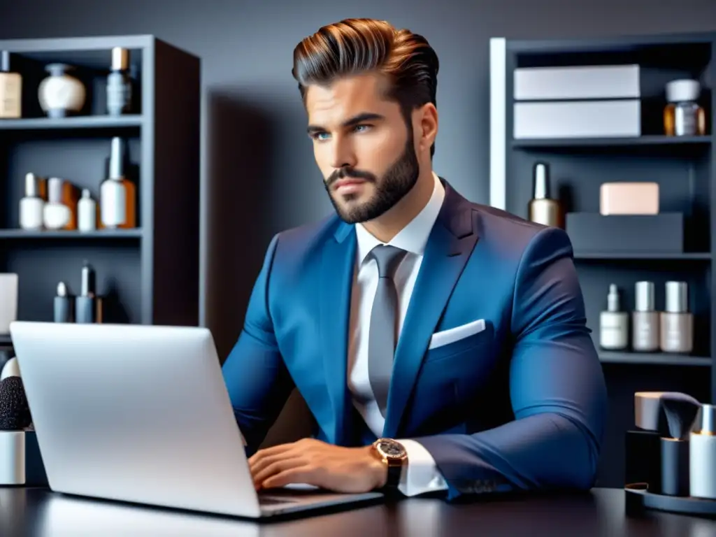 Importancia del SEO en belleza masculina: modelo elegante enfocado en laptop rodeado de productos de belleza para hombres