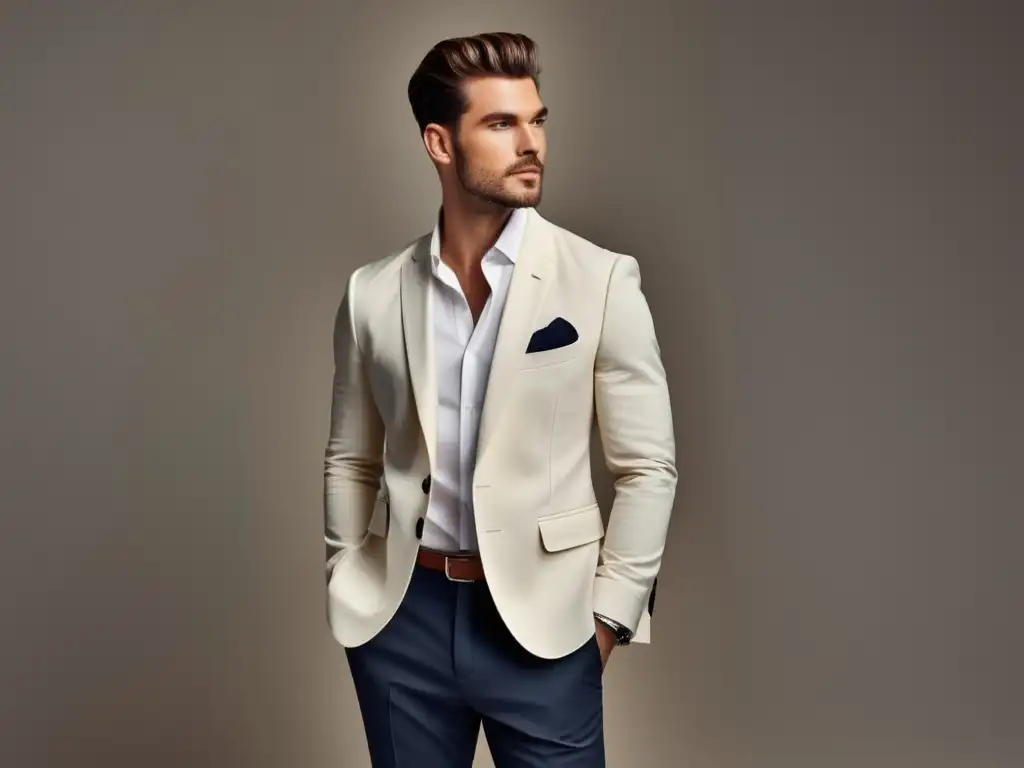 Moda masculina sostenible responsable: modelo elegante con outfit versátil y duradero, resaltando la importancia de hacer compras informadas