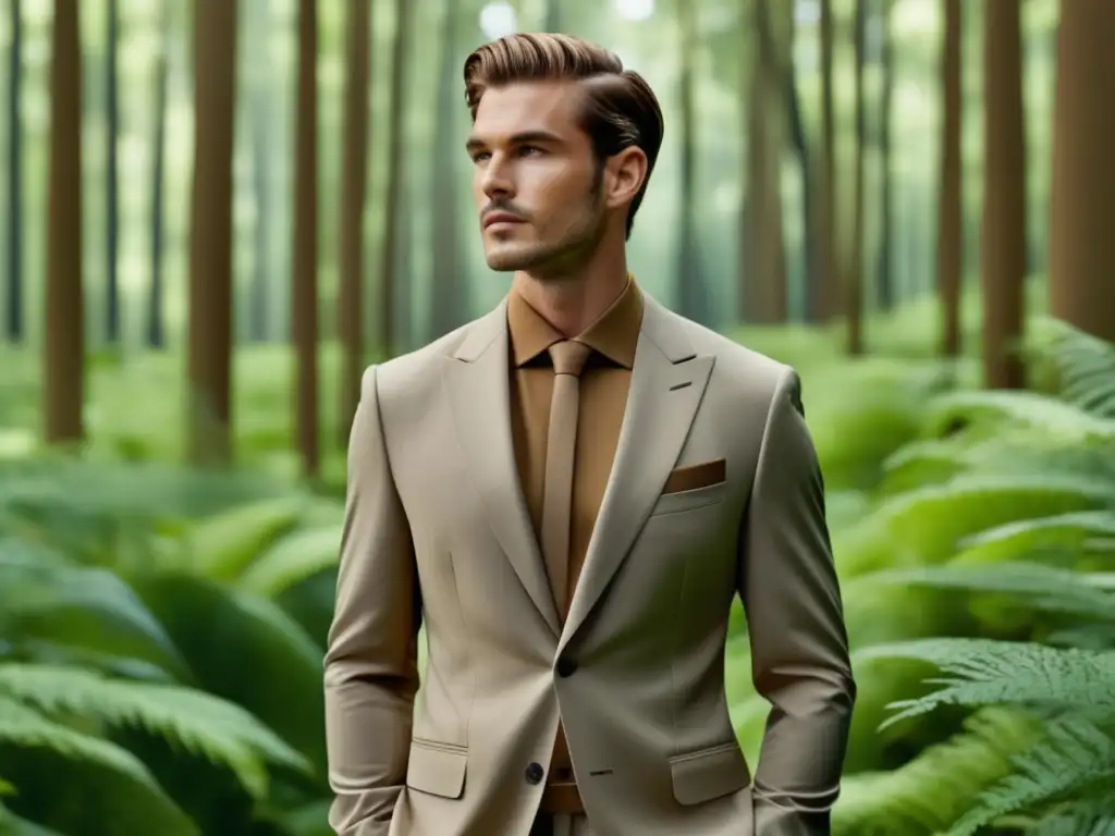 Moda masculina: Consumo responsable y sostenible en un traje elegante en el bosque verde