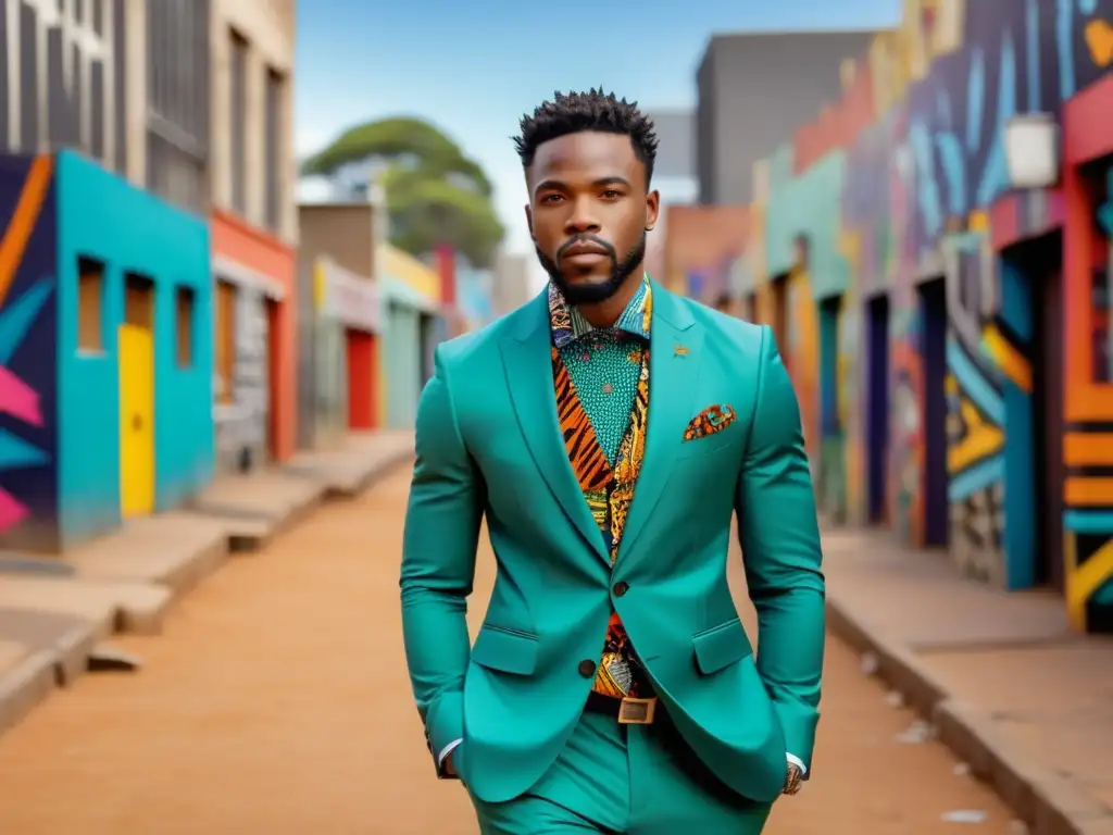 Influencia moda sudafricana en estilo masculino: modelo elegante con traje africano y arte callejero vibrante en Johannesburgo