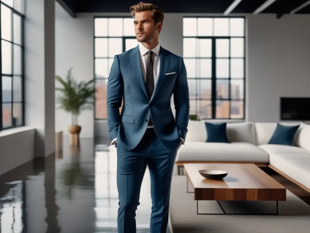 Hombre elegante en moderno loft, luciendo traje de moda masculina online