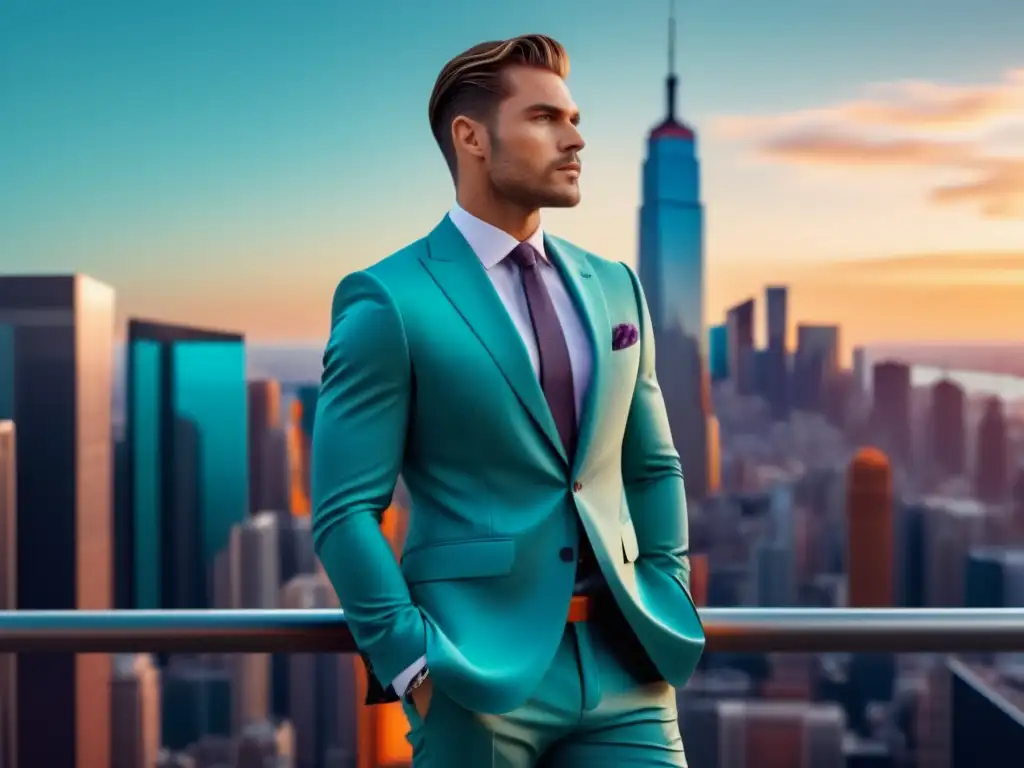 Modelo masculino de moda con traje elegante y fondo de ciudad: Tendencias moda masculina global