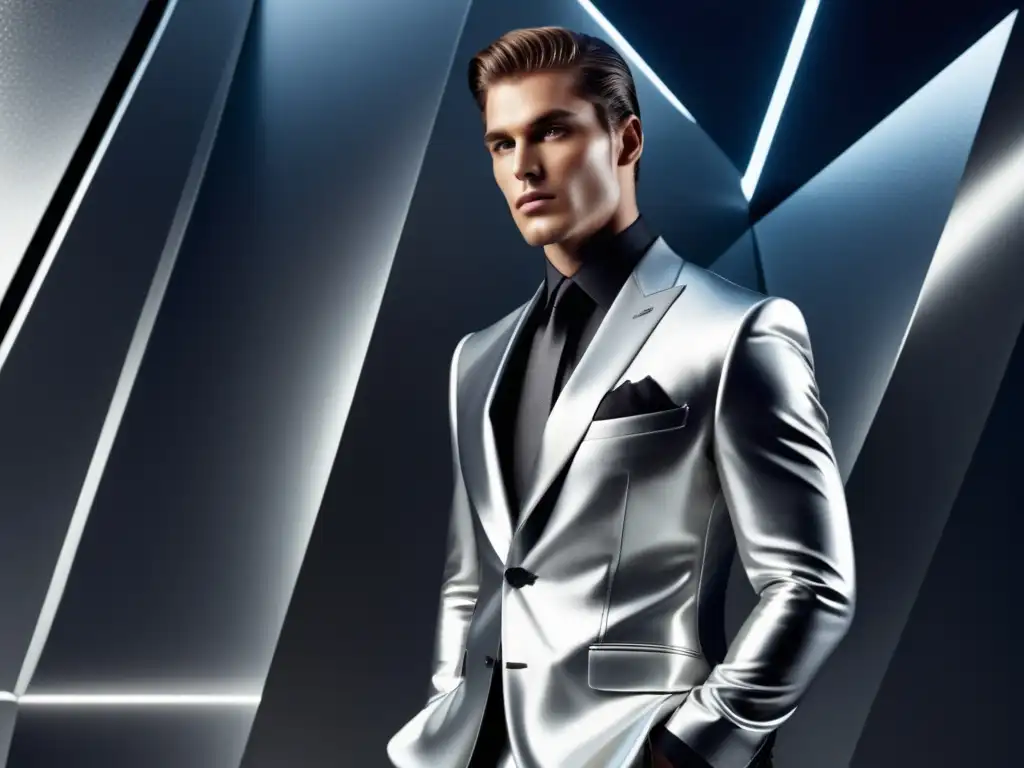 Modelo masculino elegante con traje plateado: beneficios del color plata en moda masculina