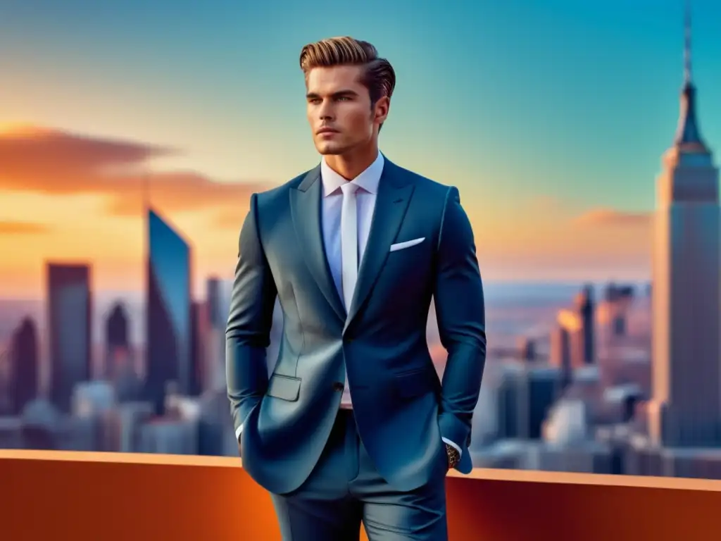 Tendencias moda masculina global: modelo masculino en traje elegante frente a fondo urbano, reflejando confianza y sofisticación