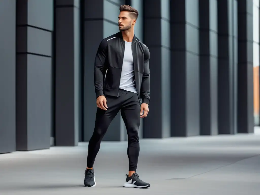 Tendencias moda masculina Activewear contemporánea, modelo urbano en conjunto vanguardista y minimalista, reflejando confianza y estilo