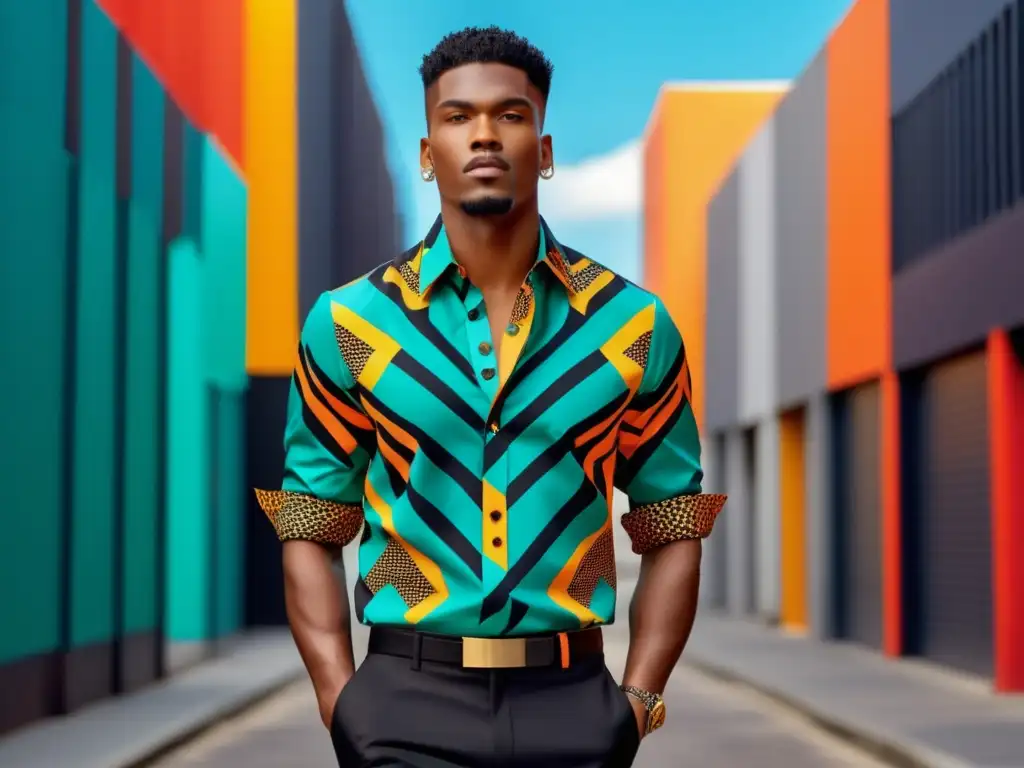 Estampados atrevidos moda masculina: modelo de moda masculina con camisa estampada de colores contrastantes, pantalones negros y accesorios elegantes