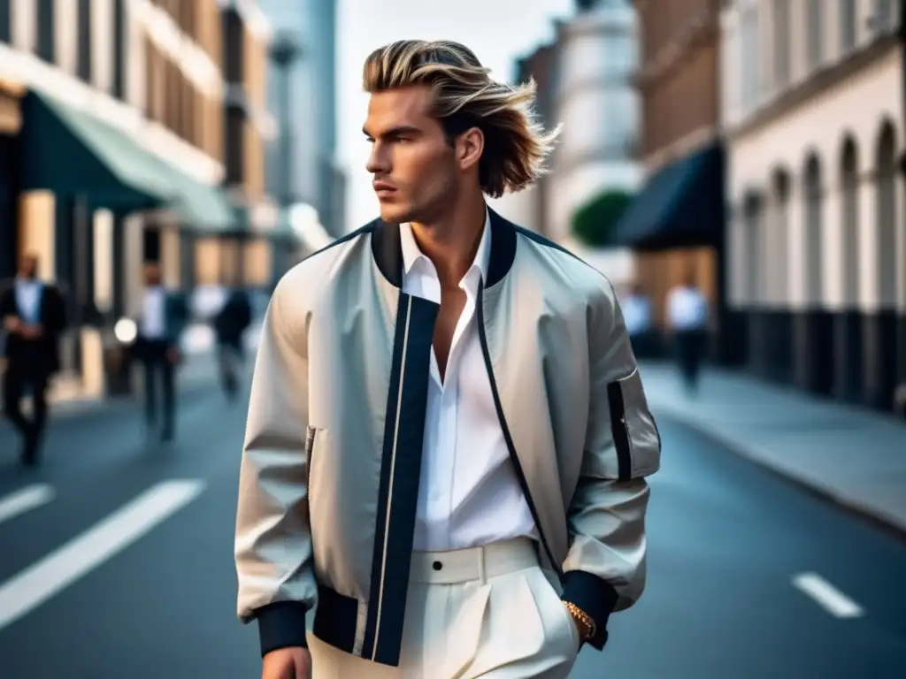 Estilos oversized moda masculina: modelo confiado con chaqueta bomber y camisa blanca, caminando en la ciudad