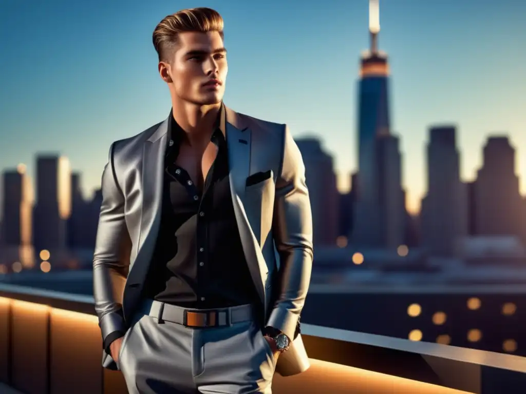 Fotografía estilo moda masculina, modelo urbano con atuendo elegante en escenario moderno y detallado