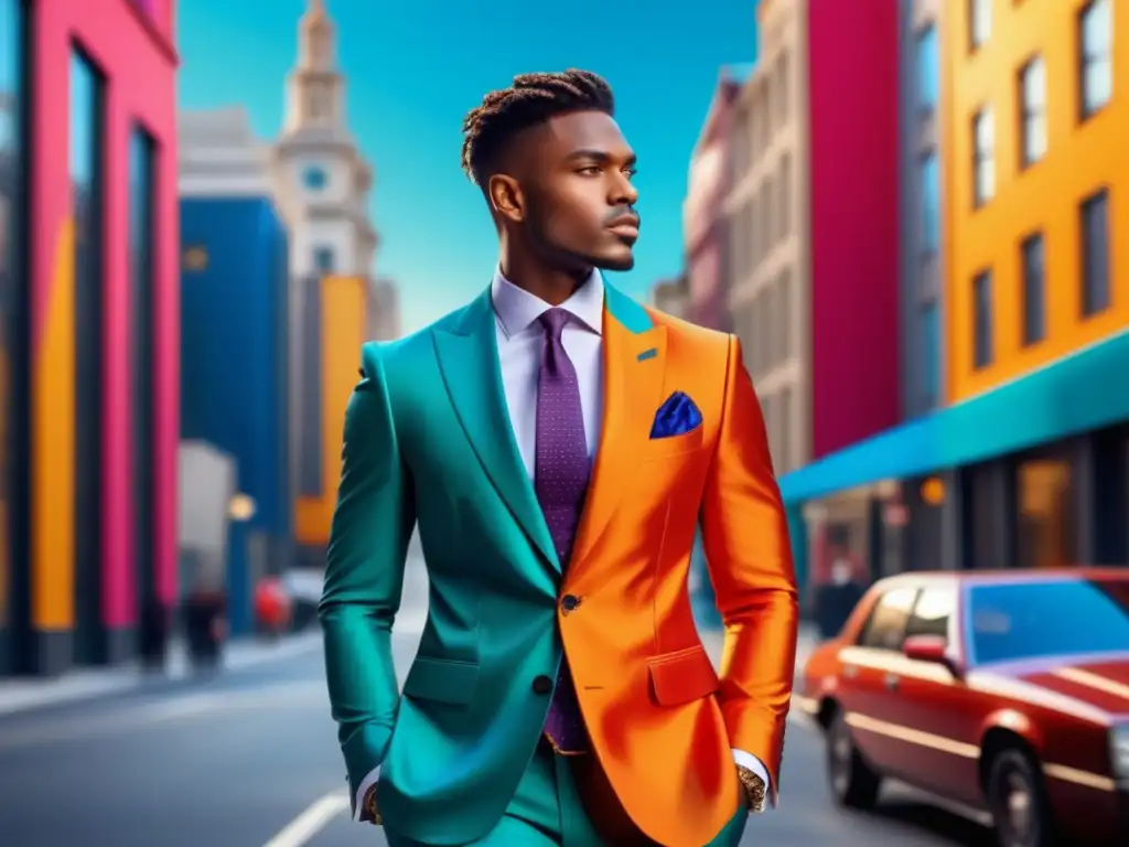 Fotografía moda masculina creativa: modelo elegante en ciudad vibrante, trajes llamativos, silueta fuerte, colores vibrantes y accesorios destacados