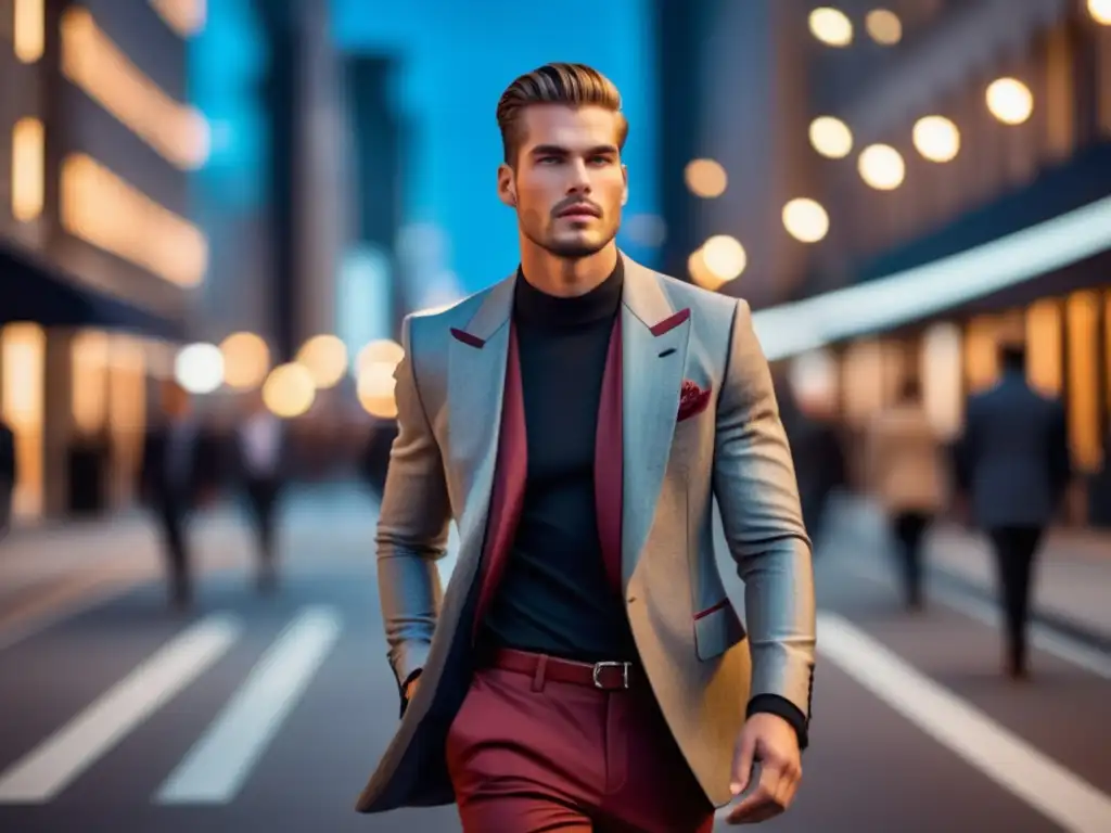 Importancia narrativa moda masculina: modelo estilizado con atuendo moderno y sonrisa genuina en una calle urbana vibrante