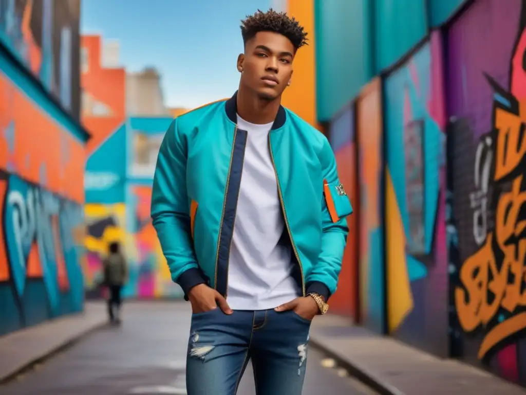 Tendencias moda masculina juvenil evolución: modelo joven en vibrante escenario urbano, vistiendo atuendo casual con influencias retro y deportivas