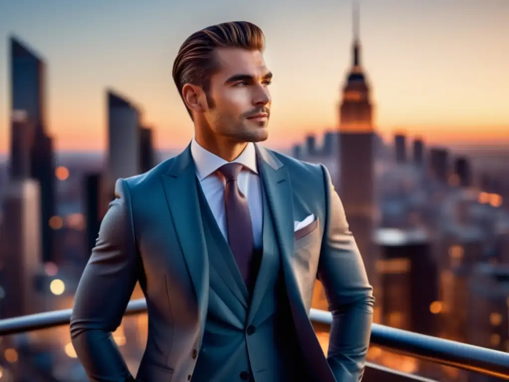 Modelo masculino seguro y elegante en traje a medida, frente a un paisaje urbano bullicioso al atardecer