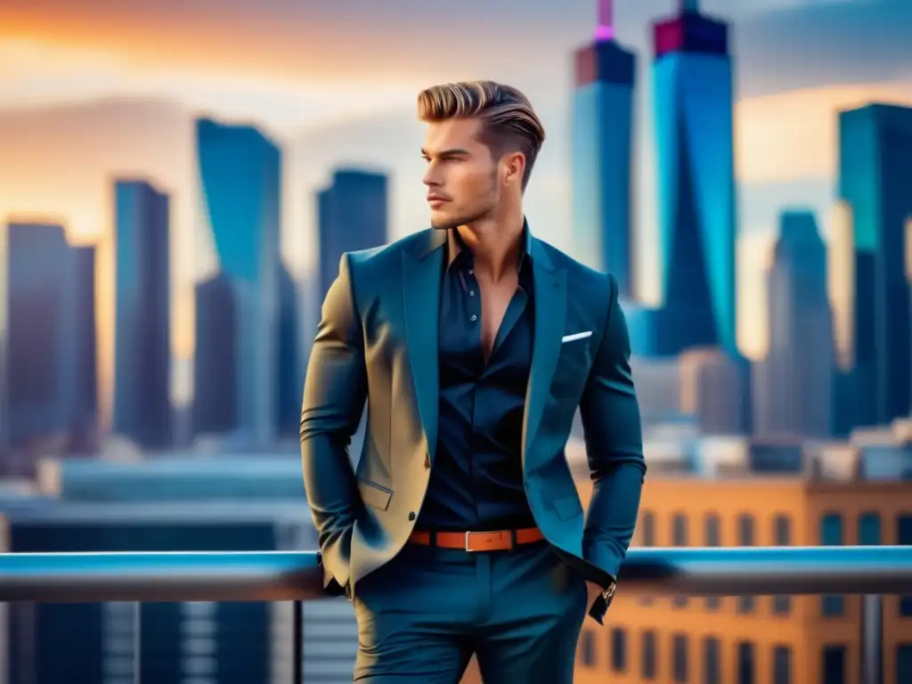 Fotografía de moda masculina práctica, modelo urbano con estilo y confianza, en vibrante ciudad contemporánea