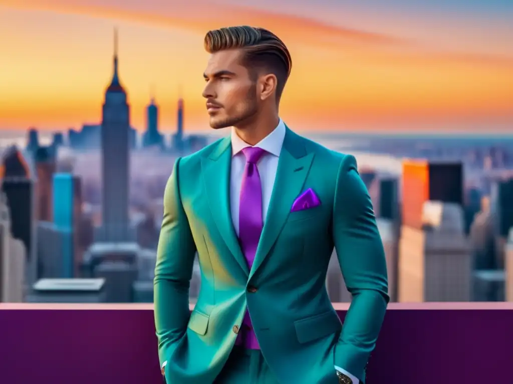 Consejos fotografia moda masculina: Modelo masculino elegante en un paisaje urbano vibrante, luciendo un traje de moda con confianza y sofisticación