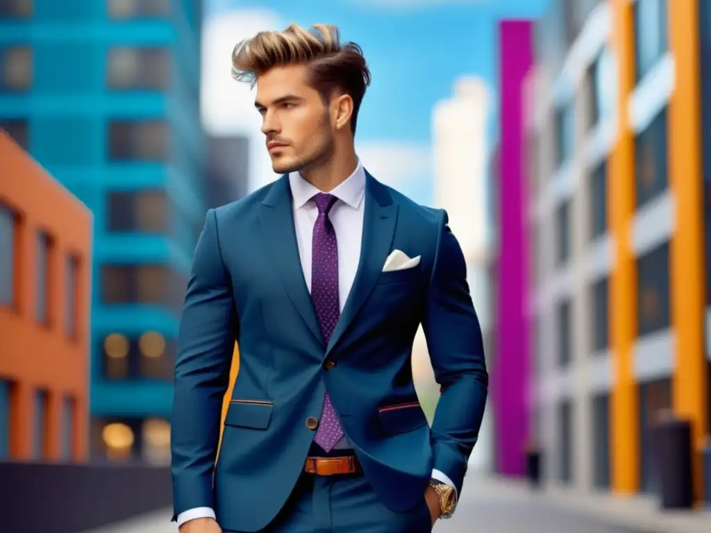 Impacto moda masculina: modelo elegante en traje a medida con accesorios modernos, frente a fondo urbano vibrante