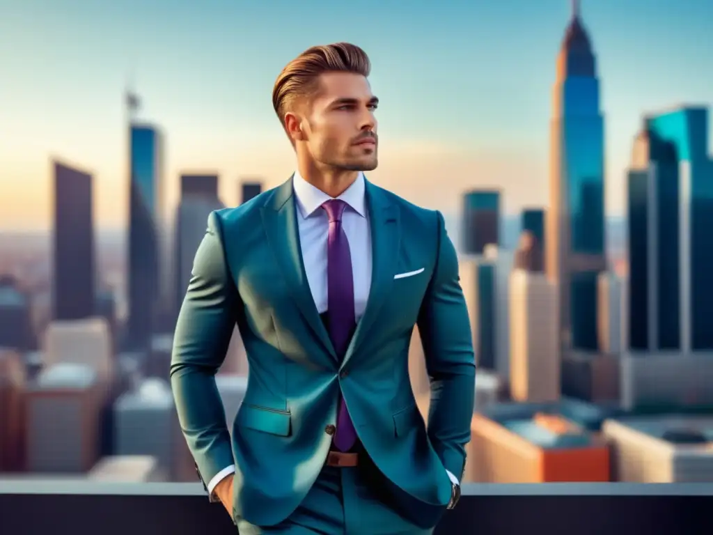 Modelo masculino con traje moderno y ciudad vibrante: Publicidad y percepción de moda masculina