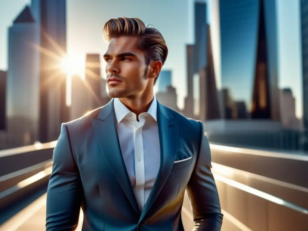 Modelo masculino elegante en entorno urbano con traje moderno