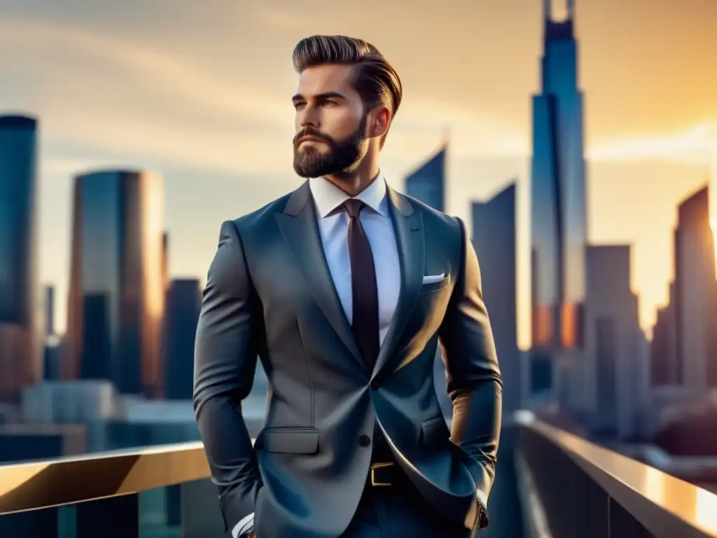 Sinergia publicidad moda masculina: modelo masculino elegante en entorno urbano moderno con traje a medida, expresando sofisticación y estilo