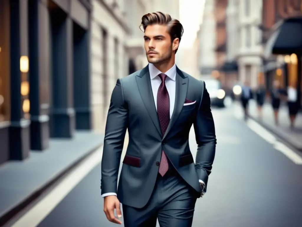 Cambio imagen masculino efectivo: modelo elegante con traje a medida, estilo moderno y confianza, en entorno urbano vibrante