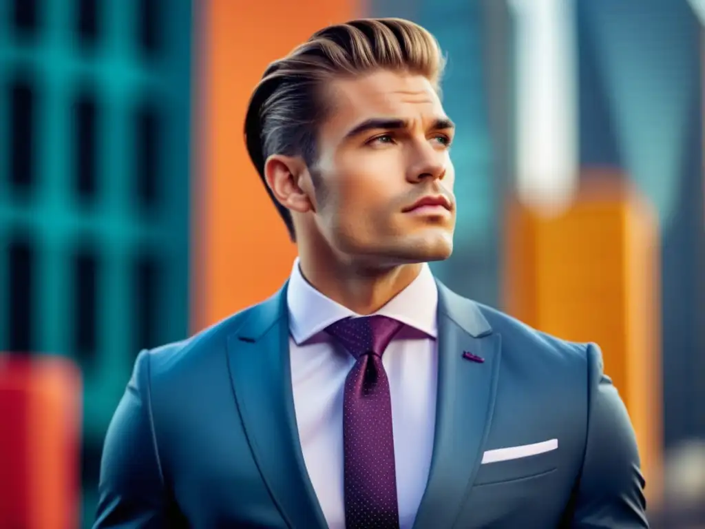 Tendencias de moda masculina 2021: Modelo masculino moderno y elegante en vibrante escenario urbano