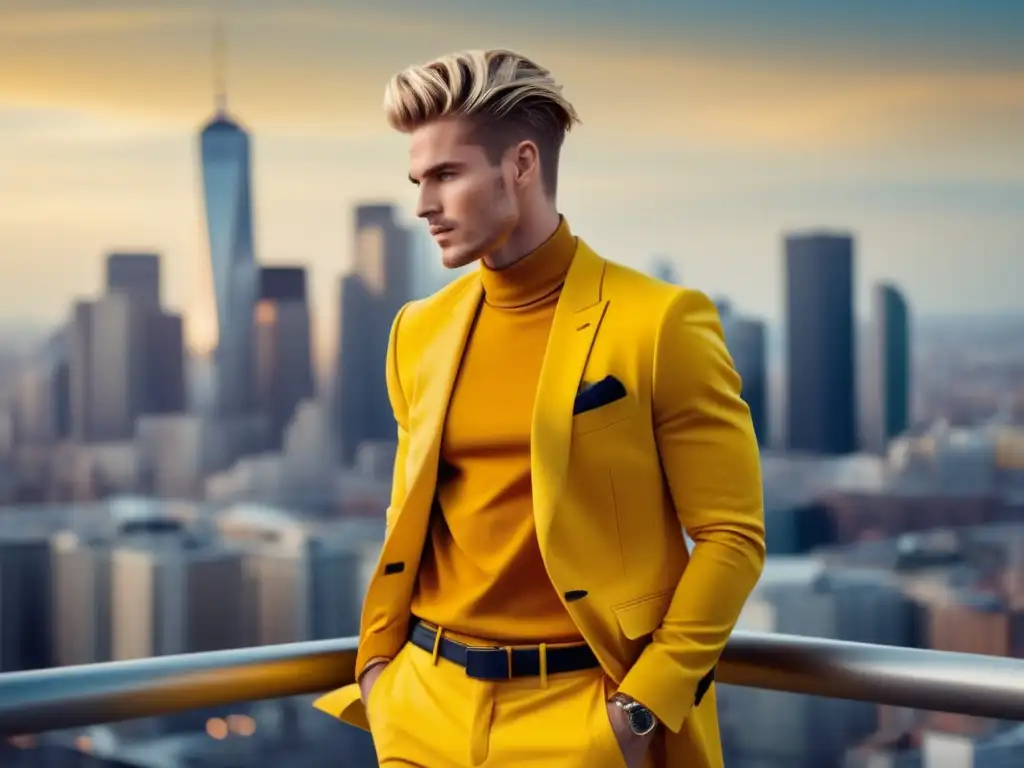 Modelo masculino en ambiente urbano con atuendo amarillo - Beneficios del color amarillo en moda