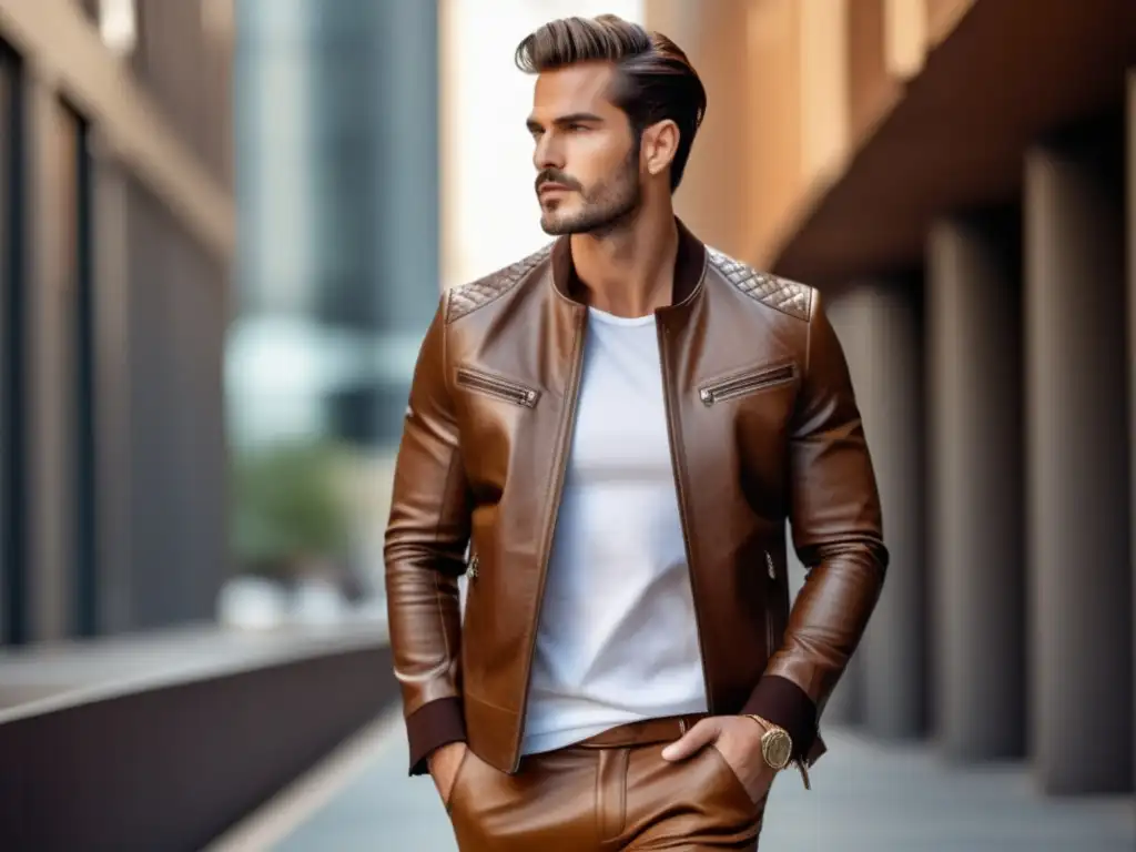 Modelo masculino estilizado en una ciudad moderna, viste una chaqueta de cuero marrón y muestra los beneficios del color marrón en moda