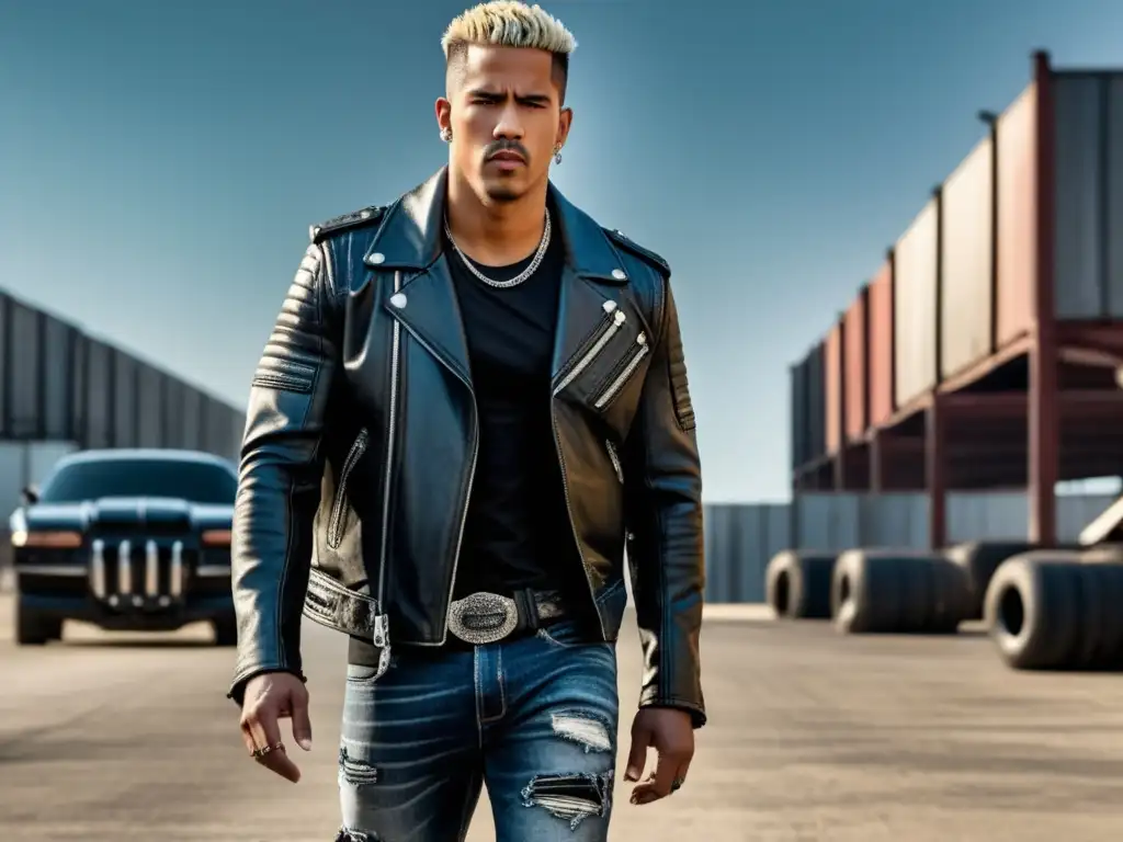 Tendencias moda masculina Diesel Fast & Furious: modelo urbano con look de cuero, denim y botas combat