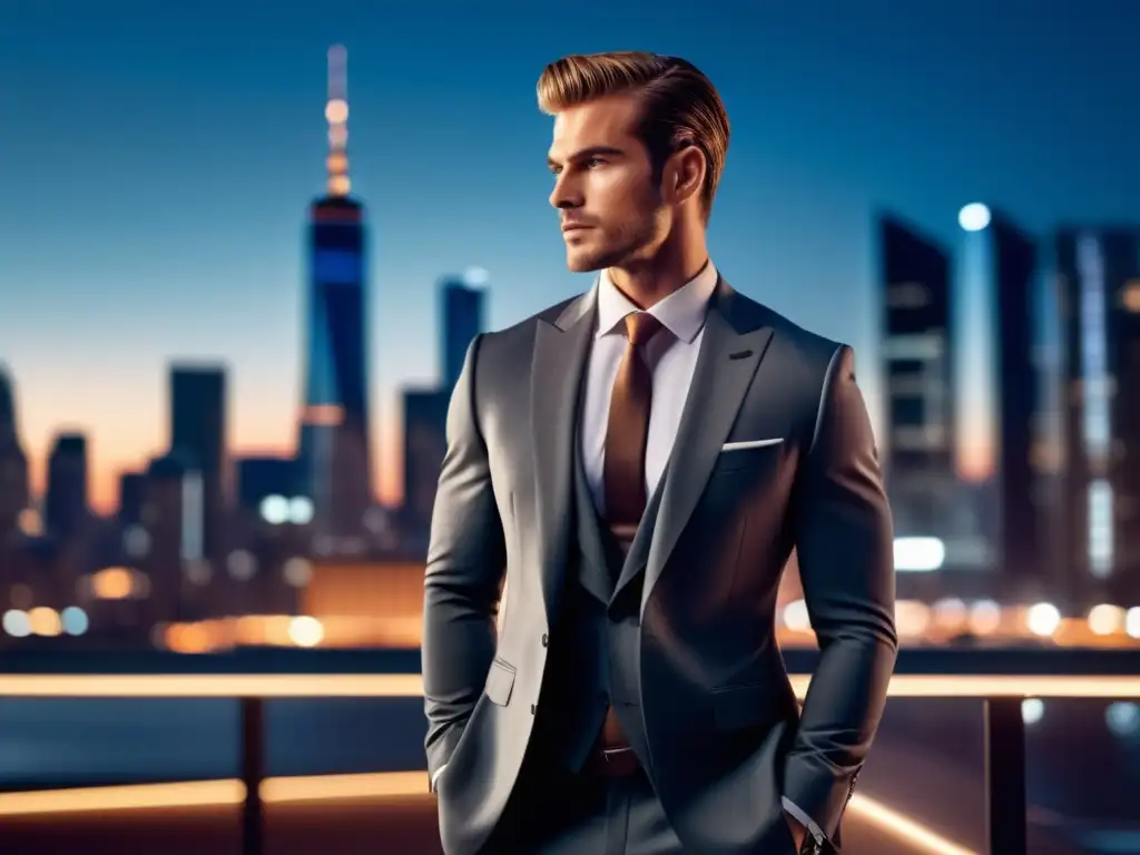 Fotografía estilo masculino poderoso: modelo elegante con traje en ciudad moderna, iluminado por luces urbanas