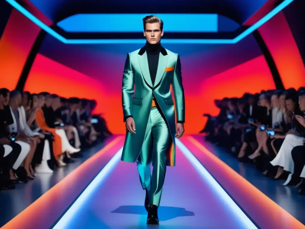 Tendencias de moda masculina globales: modelo masculino camina seguro en pasarela futurista, destacando traje innovador y ambiente vanguardista