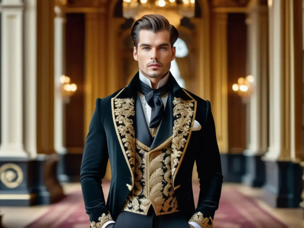 Tendencias moda masculina estilo victoriano: modelo elegante en mansión opulenta