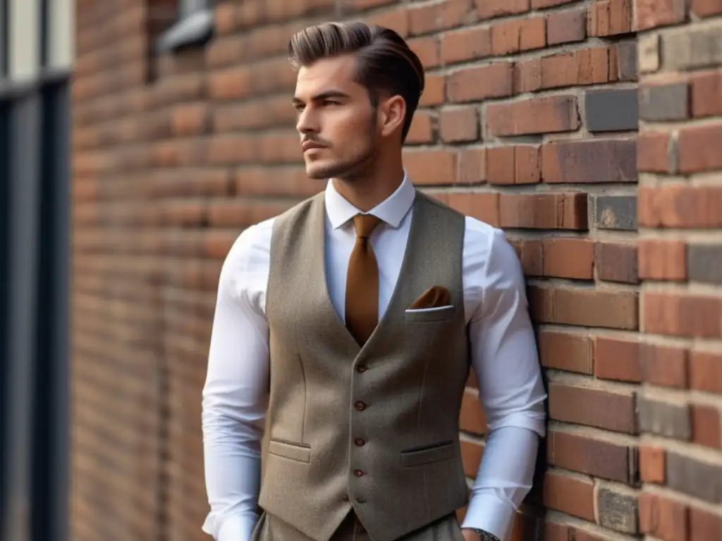 Moda vintage masculina renovada con modelo elegante y urbano en traje de tweed, camisa blanca, corbata delgada, gafas redondas y reloj de bolsillo